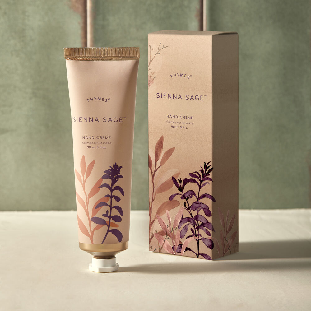 Thymes Sienna Sage Hand Cream and packaging on counter image number 1